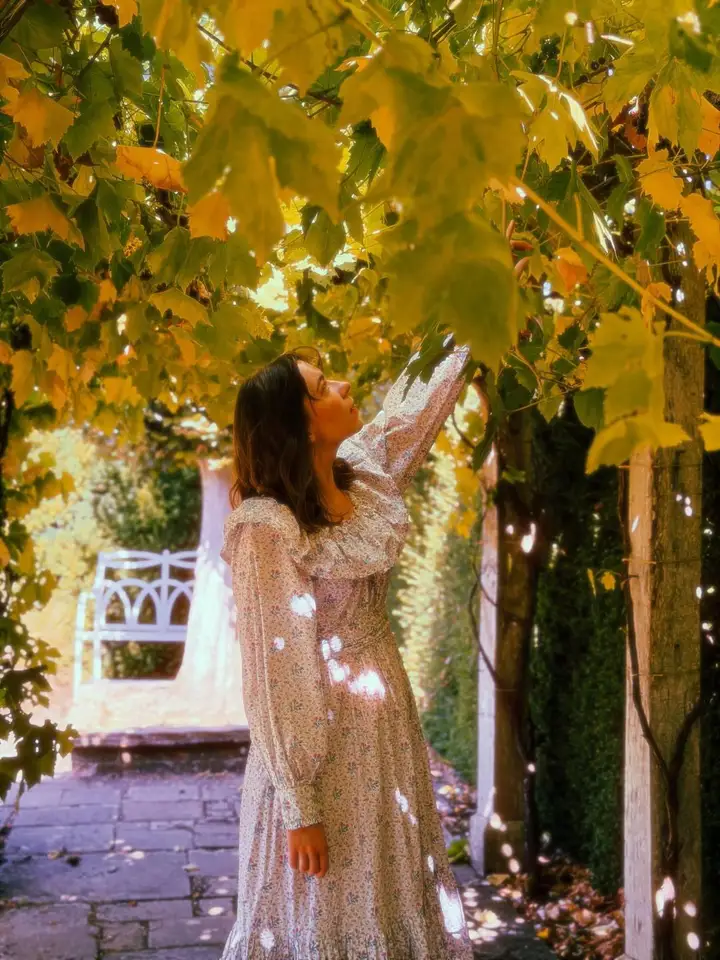 A person in white reaching into golden leaves