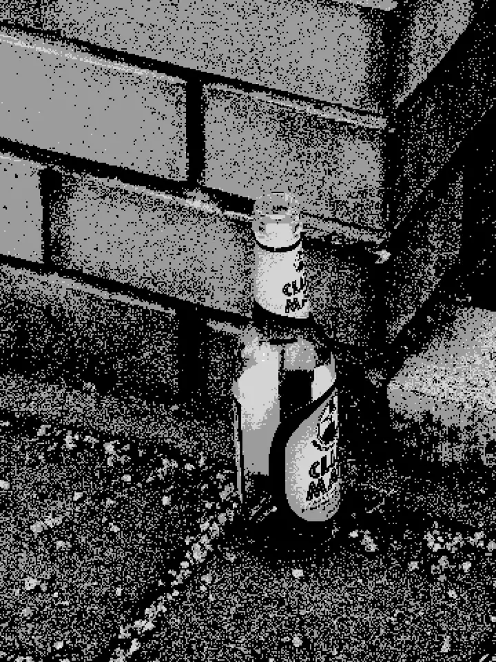 A painted fire hydrant beside a brick wall in black and white