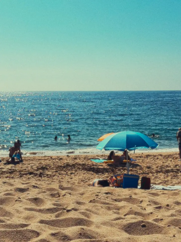 A turquoise beach umbrella on sand beside the sea