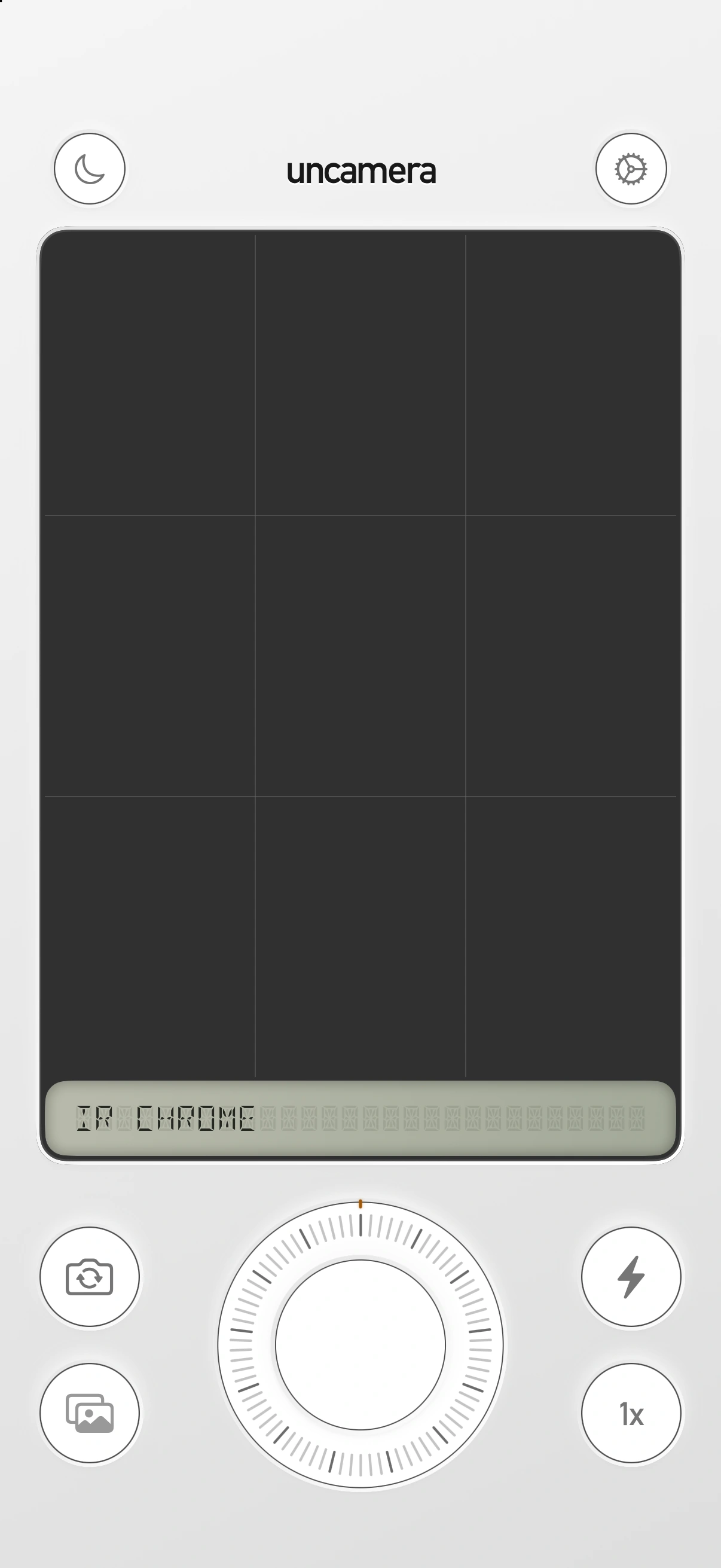 Uncamera Light theme camera interface with shutter, flash and zoom controls